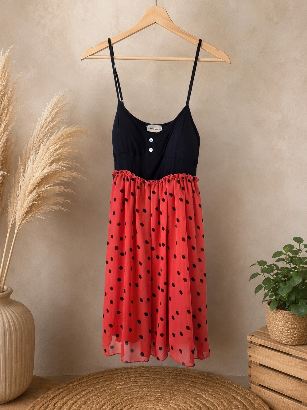 Blue & Red Polka Dot Spaghetti Strap Dress